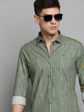 Men Green Striped Casual Shirt-BENTONPRINT-4018-Olive